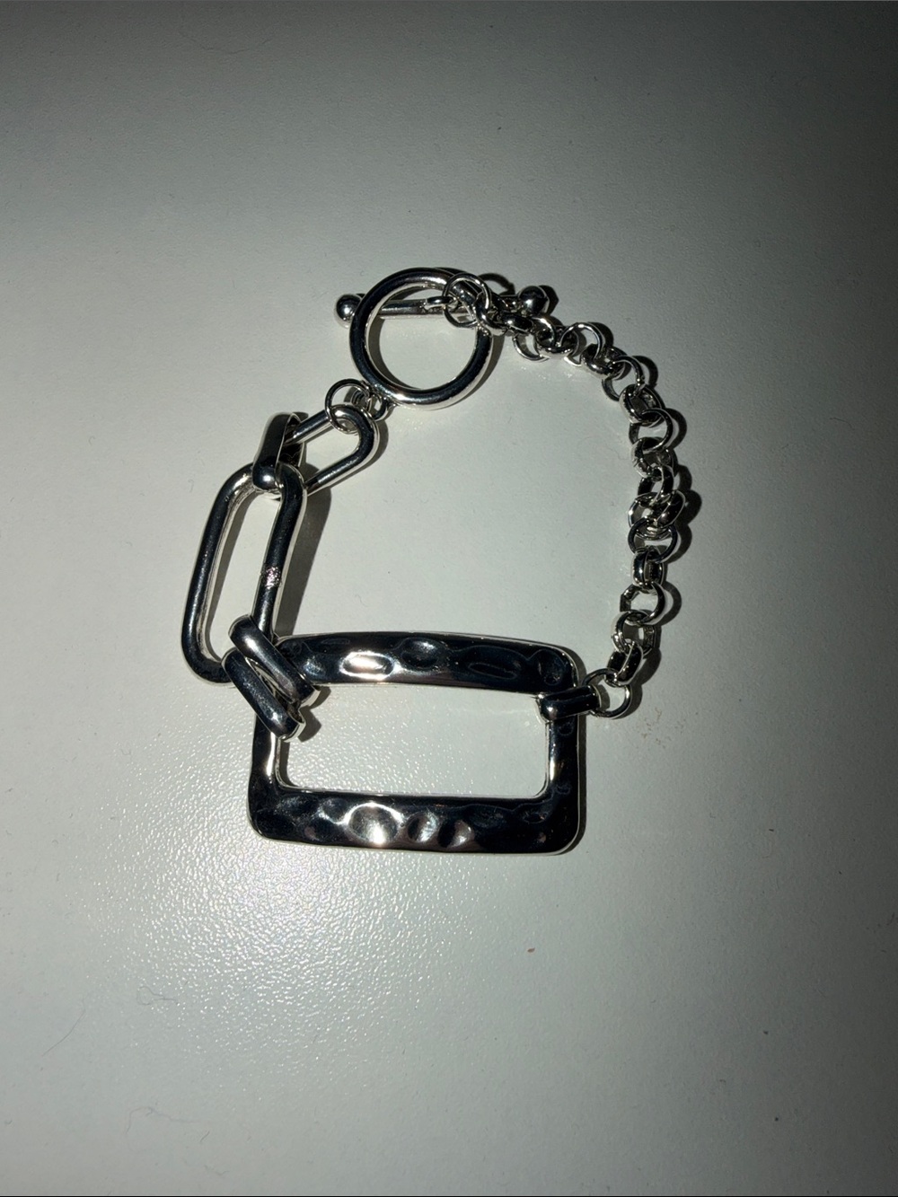 Hammered Rectangular Link Silver Bracelet for Women